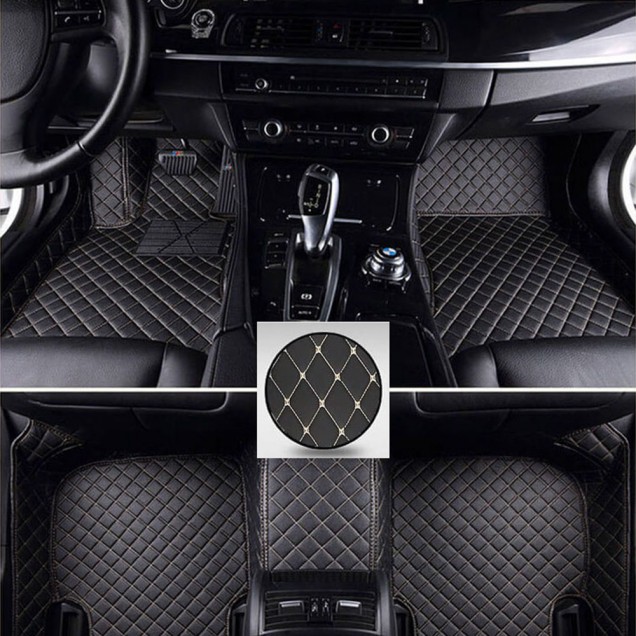 Shop Black and Beige Stitching Luxury Leather Diamond Car Floor Mats Shop Black and Beige Stitching Luxury Leather Diamond Car Floor Mats