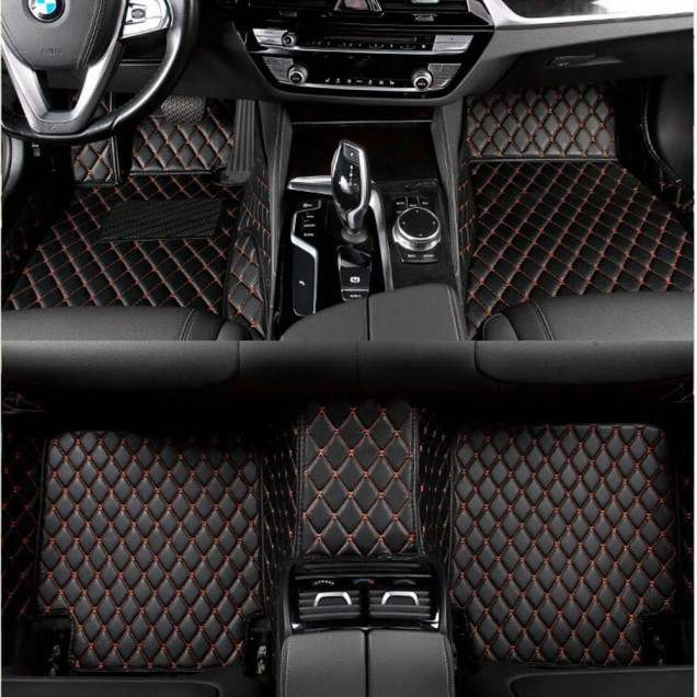Shop Black and Orange Stitching Luxury Leather Diamond Car Floor Mats Shop Black and Orange Stitching Luxury Leather Diamond Car Floor Mats