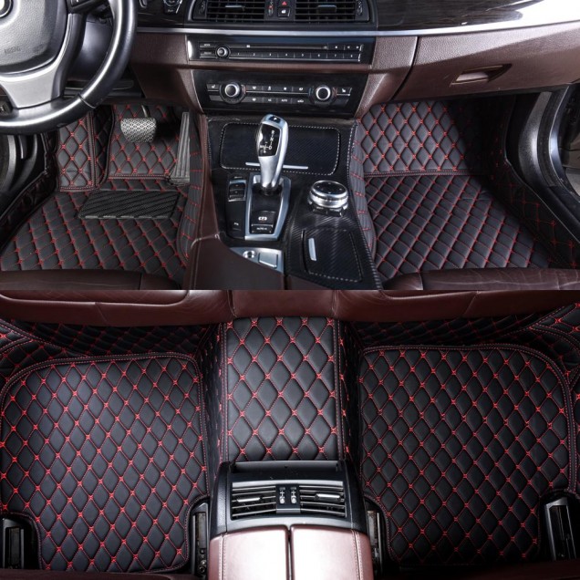 Shop Black and Red Stitching Luxury Leather Diamond Car Floor Mats Shop Black and Red Stitching Luxury Leather Diamond Car Floor Mats