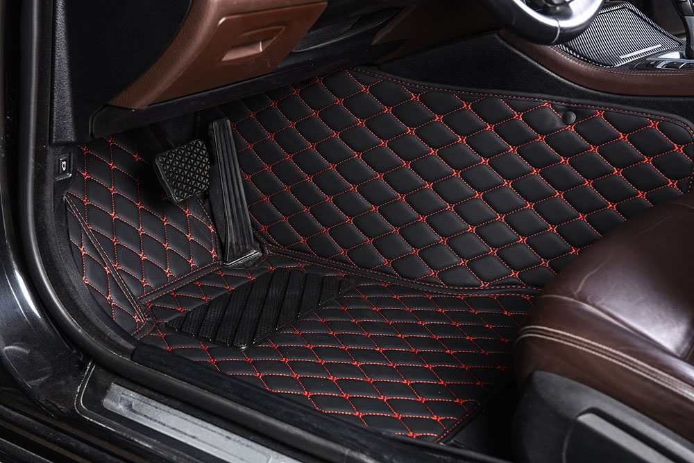 Shop Black and Red Stitching Luxury Leather Diamond Car Mats